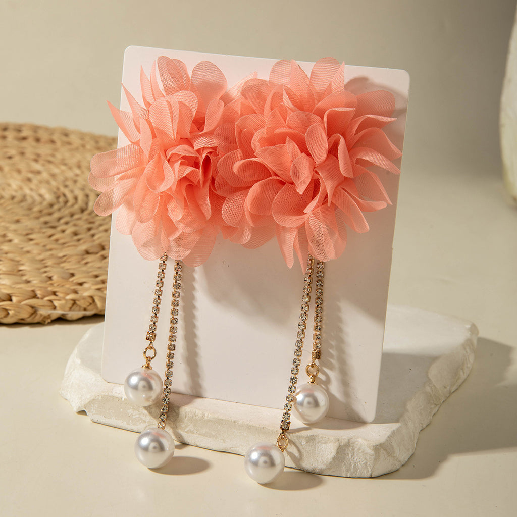European and American Style Exaggerated Imitation Pearl Tassel Flower Earrings Fresh and Elegant Temperament Earrings for Women