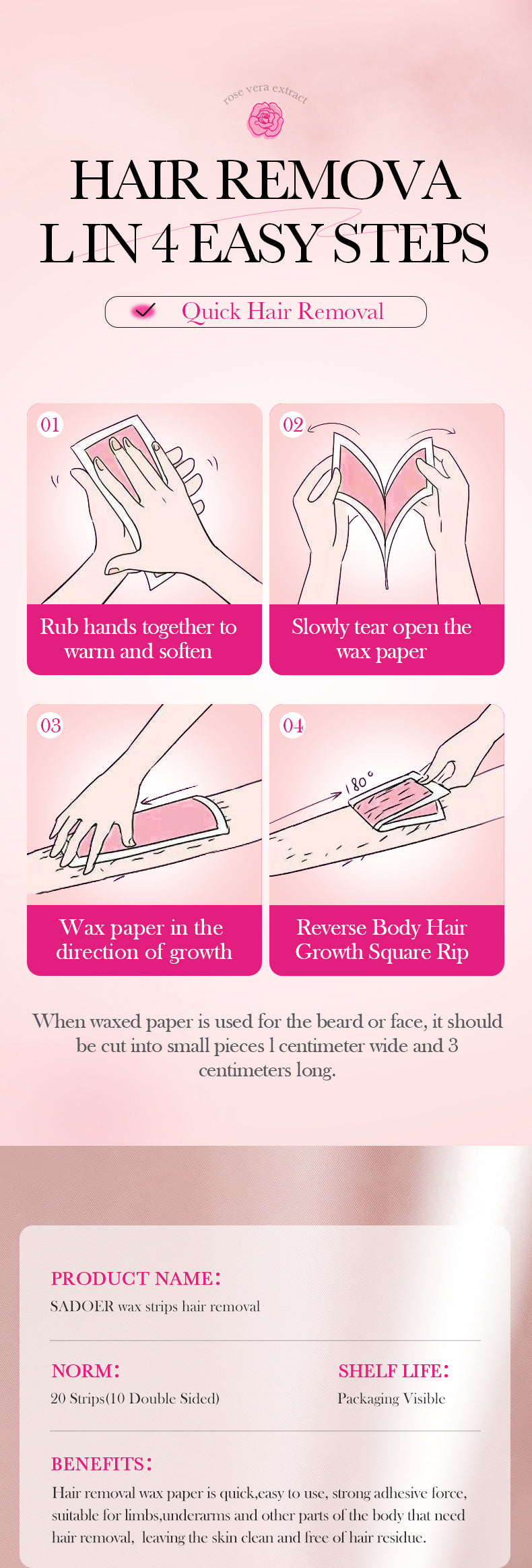 Full English Aloe Vera Double-Sided Hair Removal Wax Paper SADOER Armpit Hair Leg Hair Body Hair Removal Hair Removal Cream  Wholesale