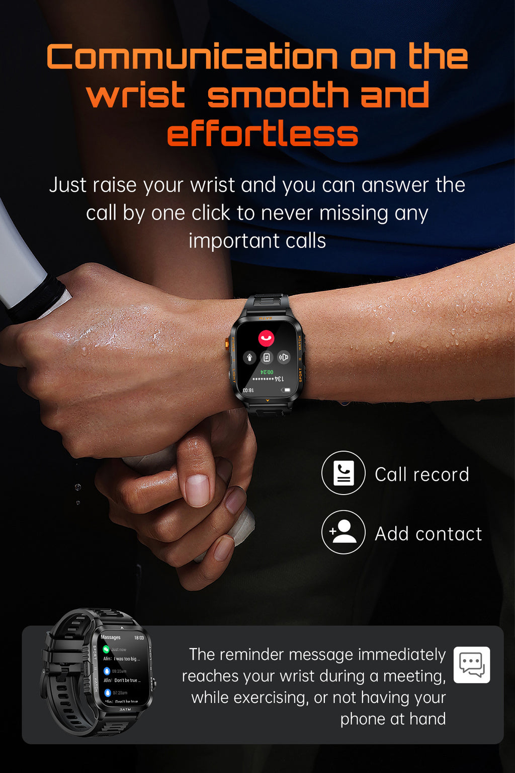 KT89Smart Watch Bluetooth Call True Heart Rate Step Sleep Flashlight Deep Waterproof Three-Proof Sports Reminder