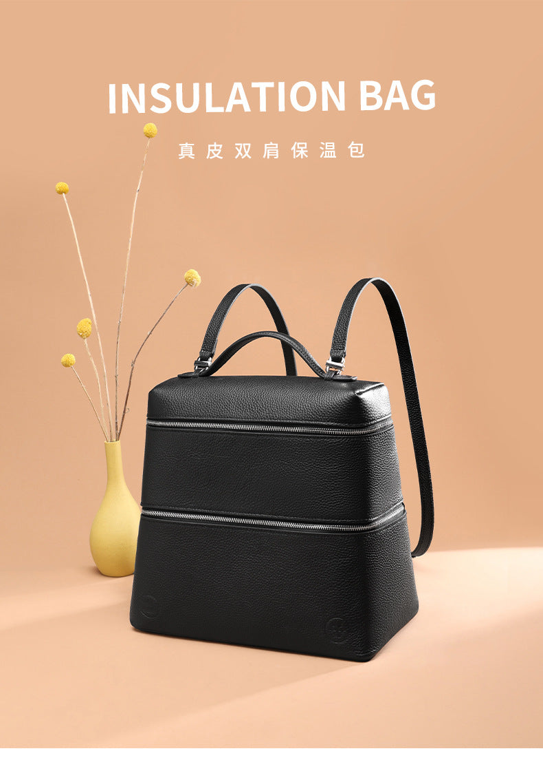 Korean Style Lunch Box Bag Insulated Bag ins Wind Backpack Women's Soft Leather Large Capacity High-end Simple College Style Backpack