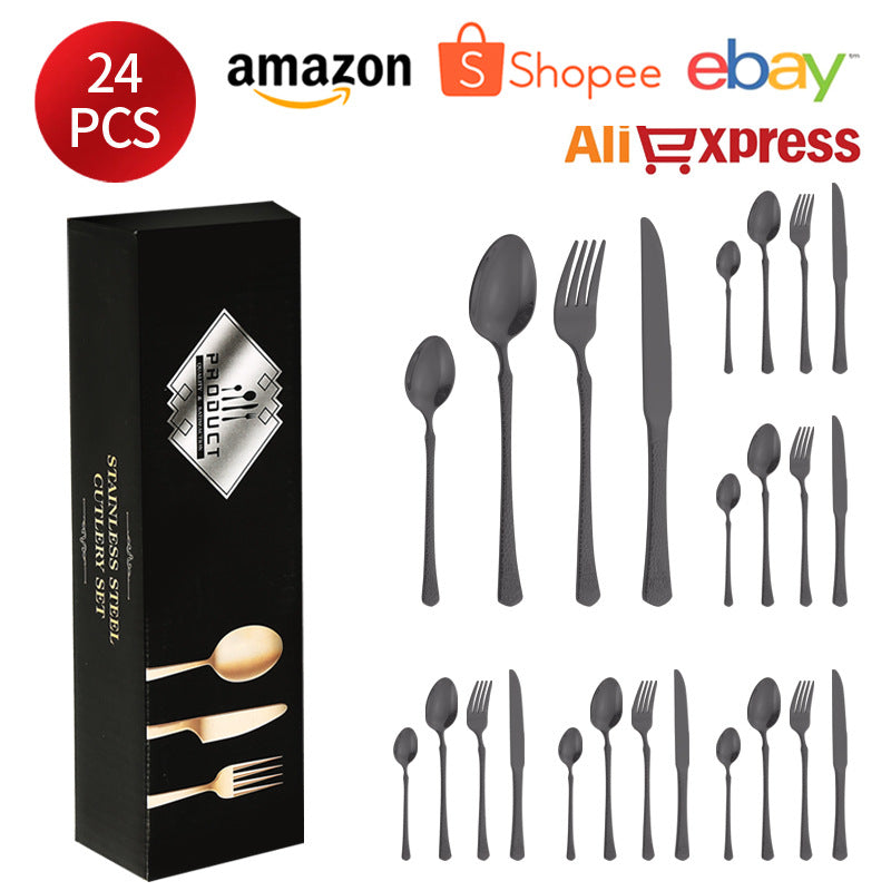 410Stainless Steel Tableware Hotel Restaurant Hammered Knife Fork Spoon24Set of High-End Western Cuisine Embossed Steak Knives and Forks