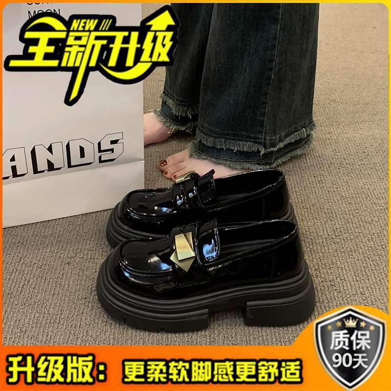 Black Thick Sole Heightening Loafers Women's Shoes2025Spring New Slip-On Shoes British Style Big Toe Small Leather Shoes