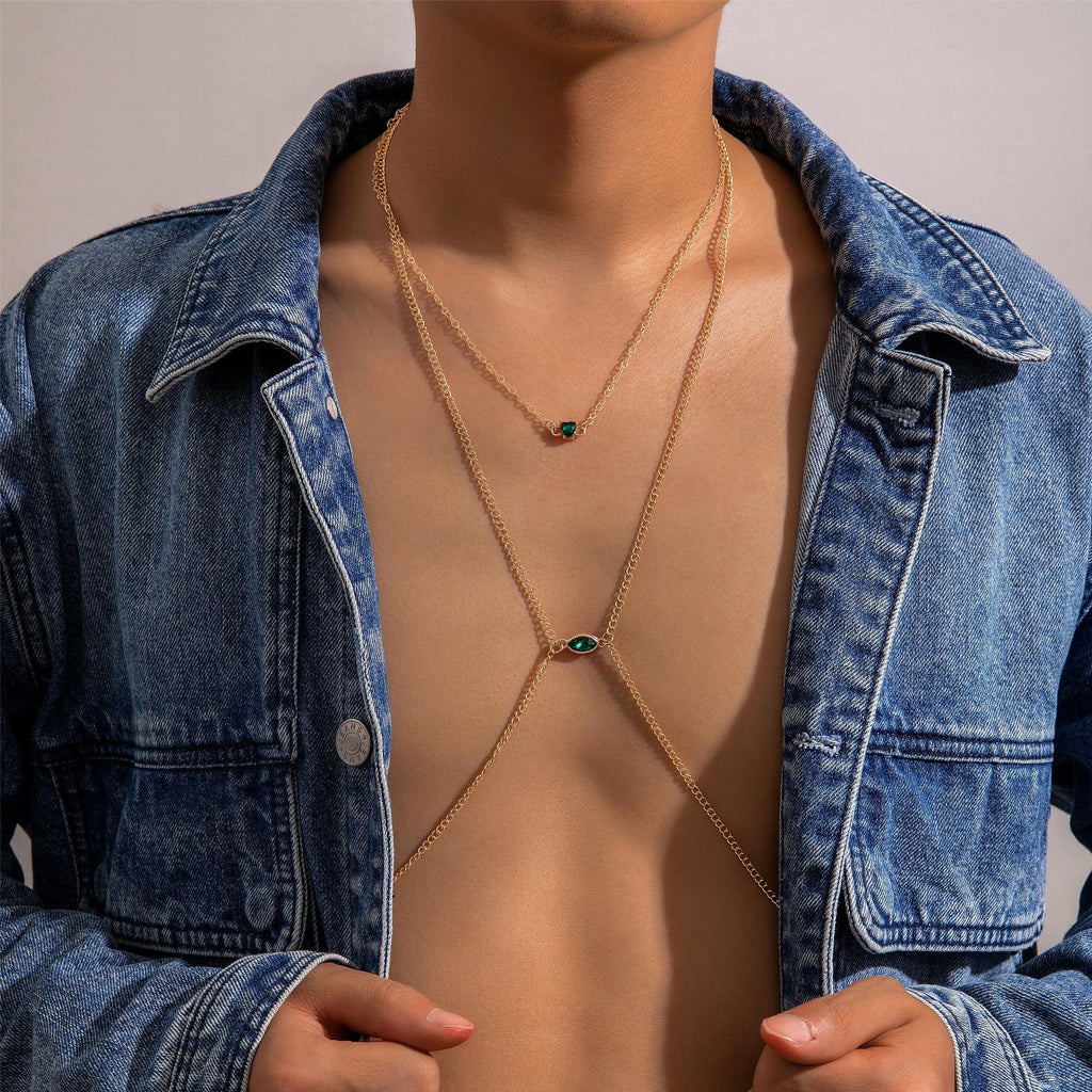 Trendy Simple Men's Body Chain Necklace Fashion Imitation Emerald Heart Hollow Chest Chain with Diamonds