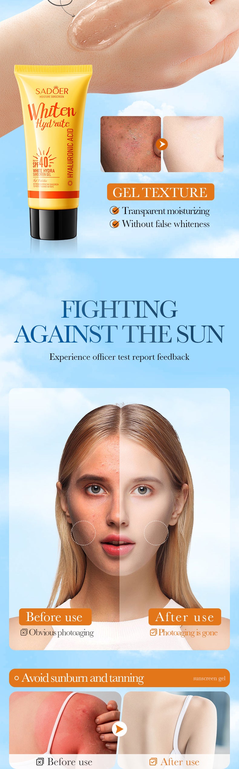 Sunscreen Gel SADOER Water Whitening Anti Light Old Exfoliating Sunscreen Cross-Border Foreign Trade Wholesale