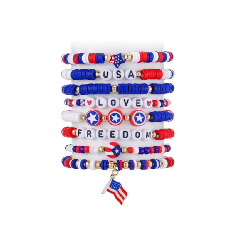 Alphabet Soft Clay Bracelet Women's Gift Freedom and Happiness Red White Blue Eight-piece Set European and American Independence Day Soft Clay Bracelet