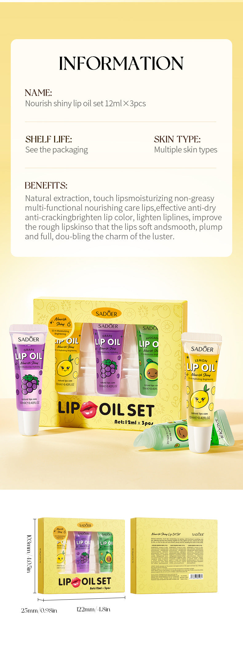 Moisturizing and Glossy Lip Oil Set SADOER Avocado Grape Lemon Lip Balm Cross-Border Wholesale