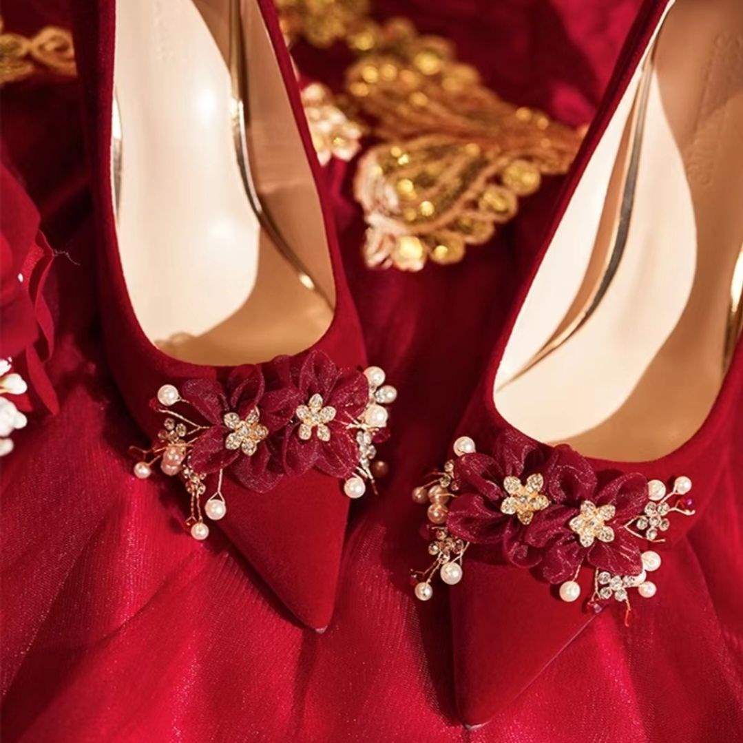 2025New Style Chinese-French Wedding Dress Toast Wedding Banquet Wedding Shoes Women Xiuhe Dress Low Heel Comfortable Bride High Heels
