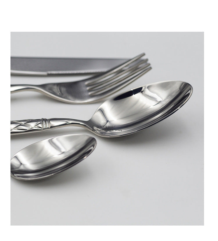304Stainless Steel Knife Fork Spoon Thickened Forged Relief Tableware Western Steak Knife Fork Dessert Spoon4Piece Suit