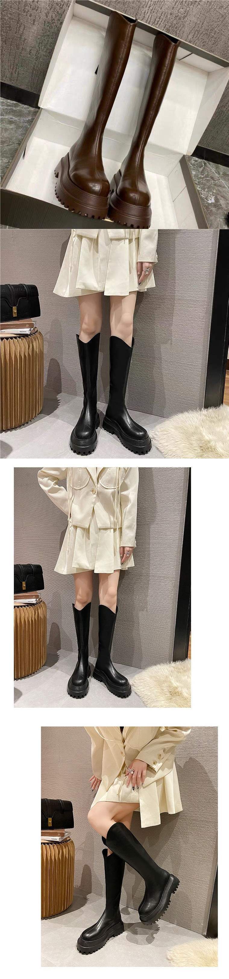 Spicy Girl Knight Long Boots2025New Women's Boots for Autumn and Winter, Thick-Soled Height-Increasing Leather Boots, High-Tube Elastic Slim Boots