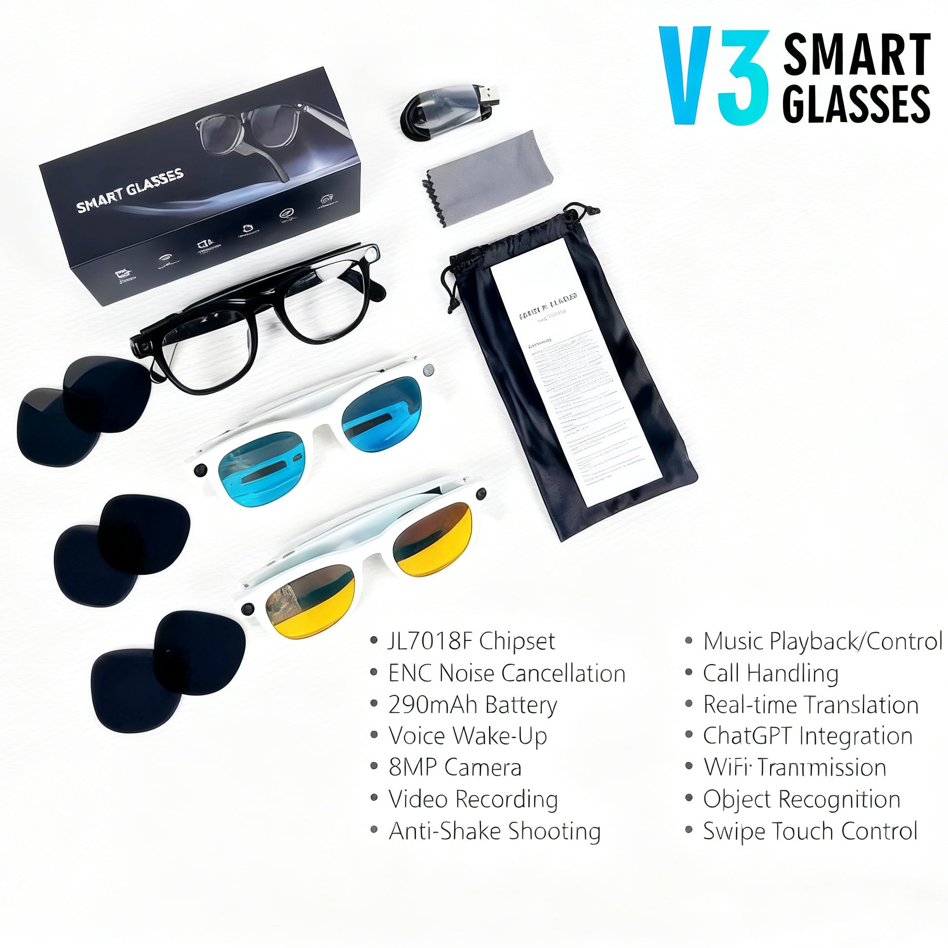 V3Smart Glasses800100 Megapixel Camera AI Translation Character Recognition Anti-Shake1200P Video Recording Audio Recording