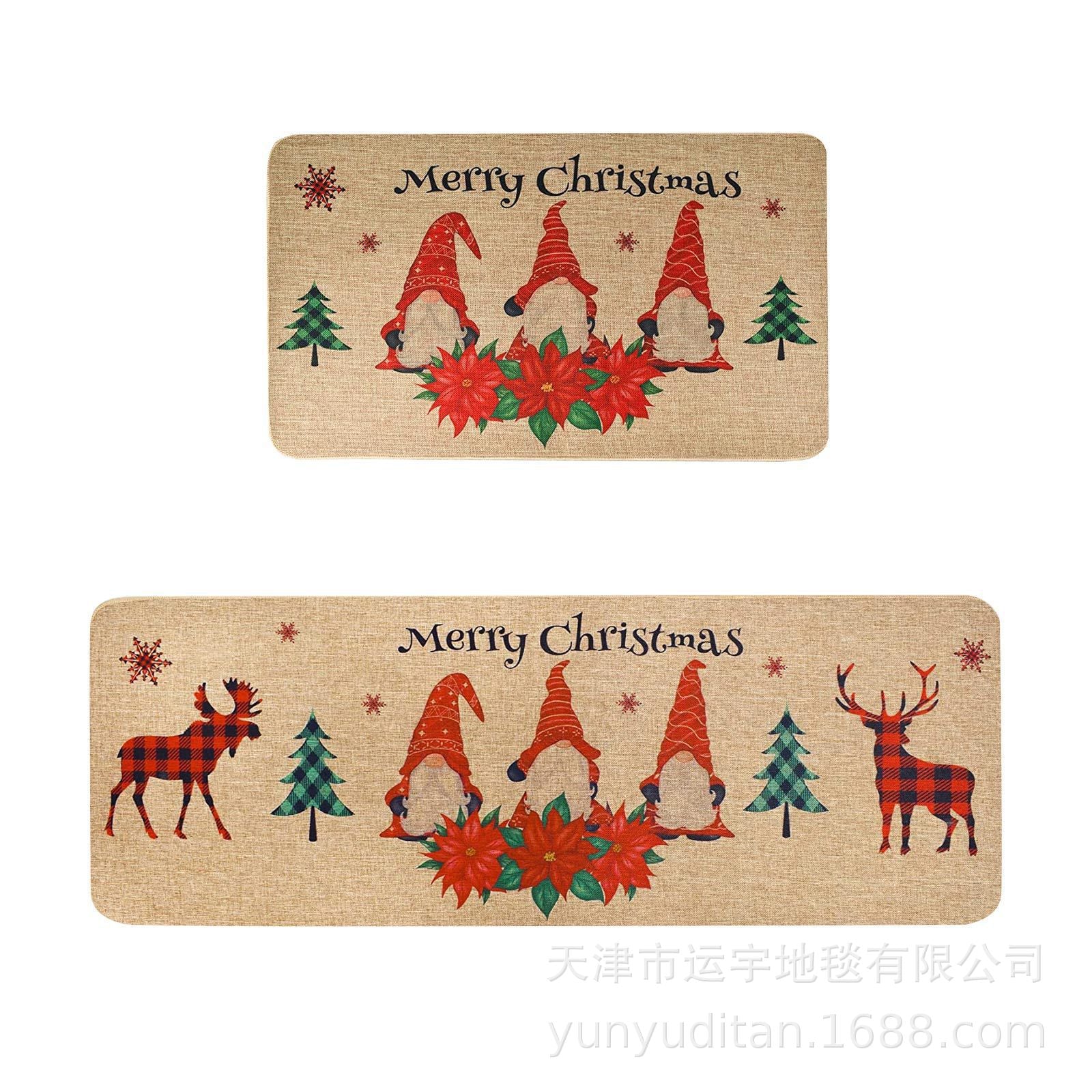 Christmas Kitchen Floor Mat Two-Piece Set Crystal Velvet Water-Absorbent Oil-Absorbent Non-Slip Foot Mat Holiday Decorative Floor Mat