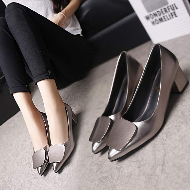 Spring and Autumn New Style Small Leather Shoes Thick Heel Square Buckle Single Shoes High Heels Black Professional Shoes Mid Heel Work Shoes Women's Shoes