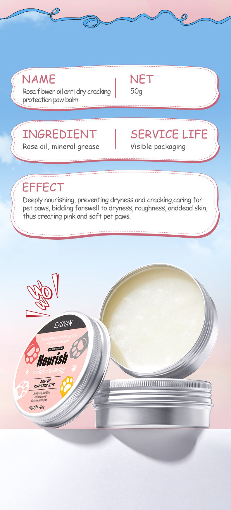 Pet Paw Balm EXGYAN Rose Flower Oil Anti-Dry Crack Paw Hand Cream Cross-Border Foreign Trade Wholesale