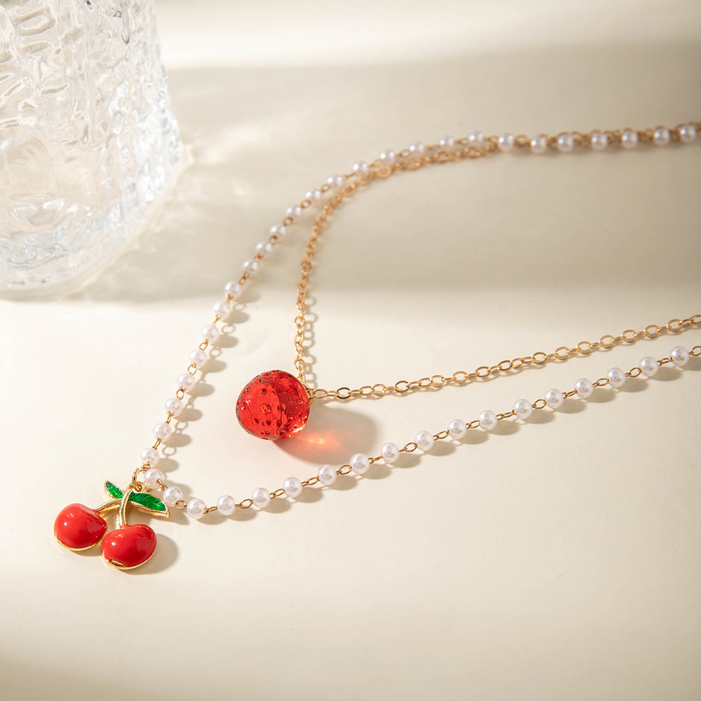 European and American Style Jewelry Light Luxury Imitation Pearl Cherry Necklace High-End Versatile Grass Multi-Layer Stacking Necklace Wholesale
