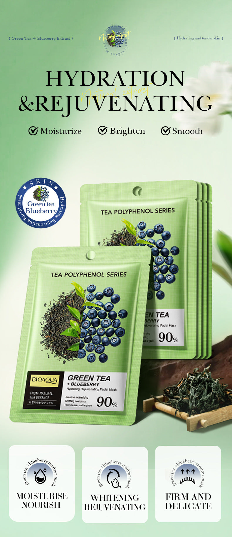 Green Tea Blueberry Rejuvenating Mask BIOAOUA Hydrating and Moisturizing Face Mask Stickers Cross-Border Wholesale