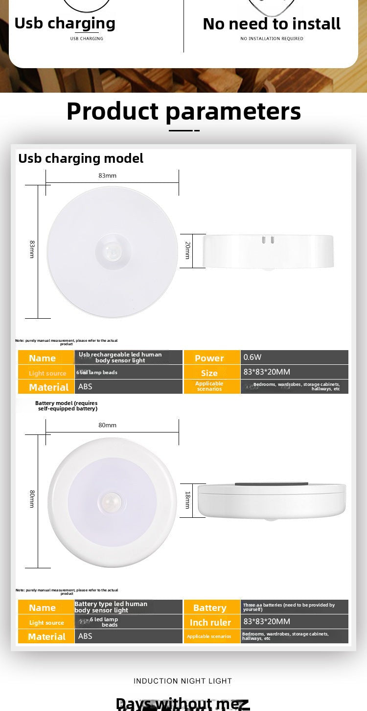 LED Intelligent Human Body Sensor Light USB Rechargeable Night Light Corridor Light Home Aisle Wardrobe Light Bedroom Bedside Light