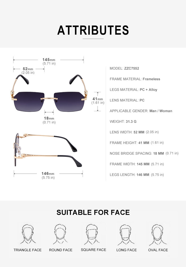European and American Frameless Cut Edge Leopard Temple Sunglasses for Men Retro Square Frame Driving Sun Protection Sunglasses Wholesale Glasses