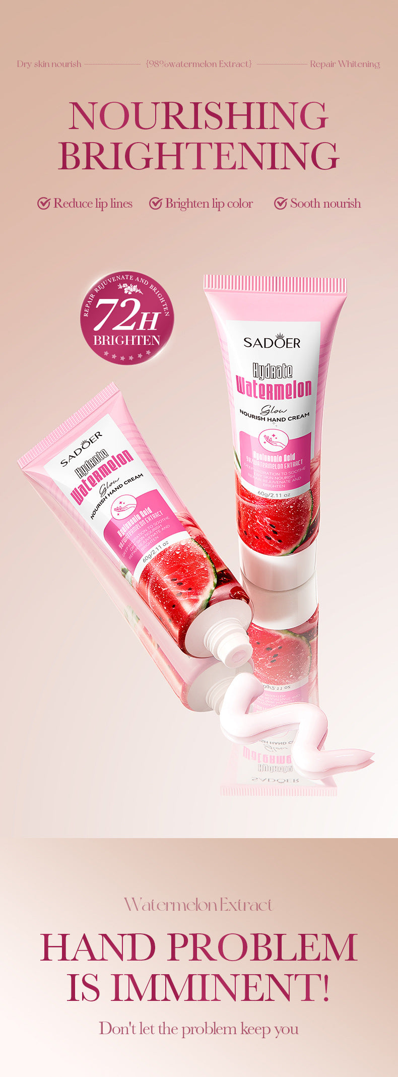Niacinamide Watermelon Hand Cream SADOER Hydrating and Nourishing Autumn and Winter Hand Cream Cross-Border Foreign Trade Wholesale