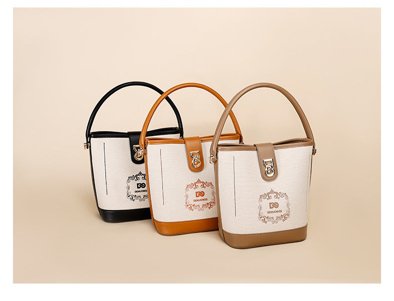 Korean Style Simple Canvas Contrast Color Bucket Bag Women's Stitching Portable and Fashion Women's Bag Versatile Messenger Bag