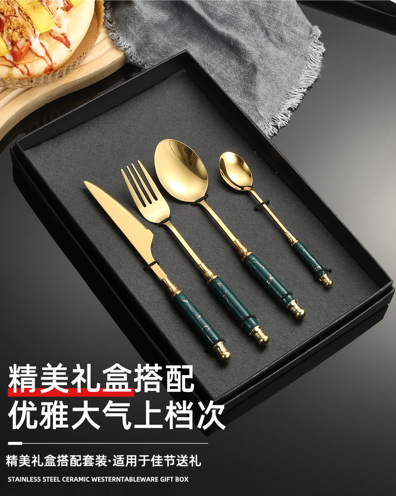 Stainless Steel Cutlery Restaurant Western Steak Knife Fork Imitation Marble Pattern Ceramic Handle Knife Fork Spoon Tea Spoon Tea Fork Set