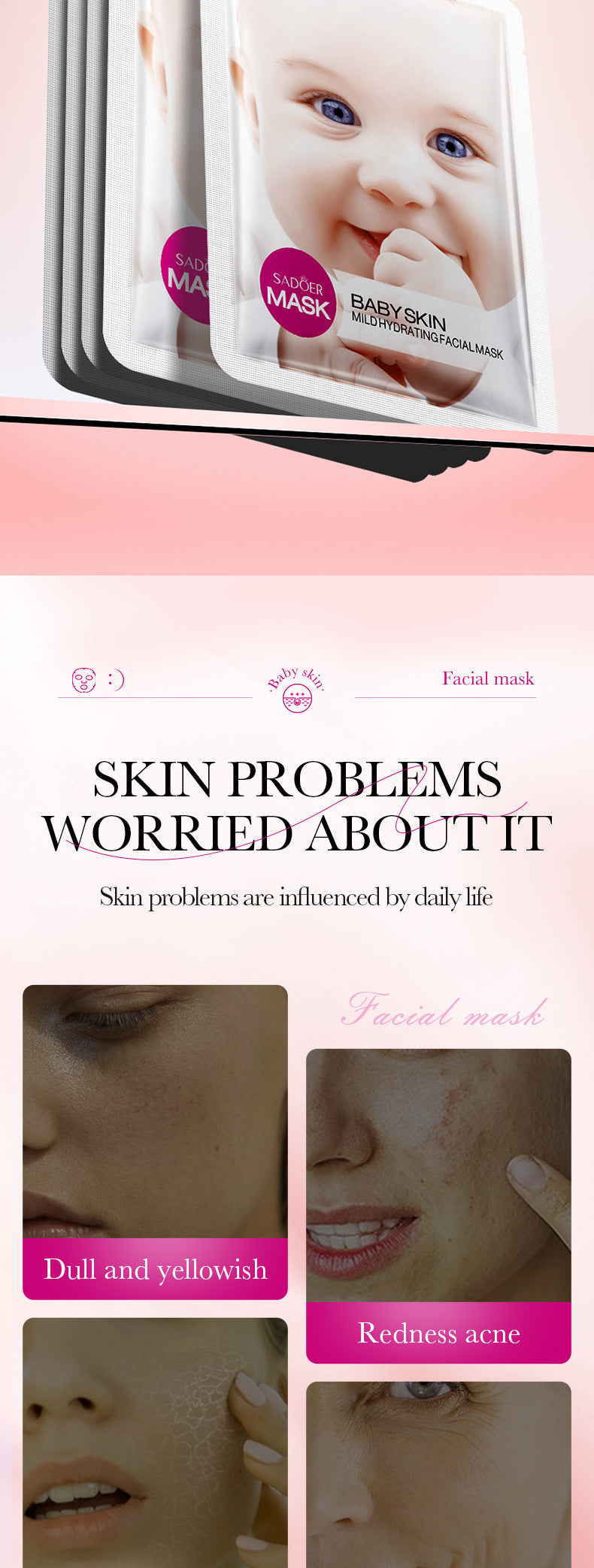 Baby Face Mask25g SADOER Moisturizing, hydrating, skin-smoothing facial mask sheets for cross-border foreign trade wholesale