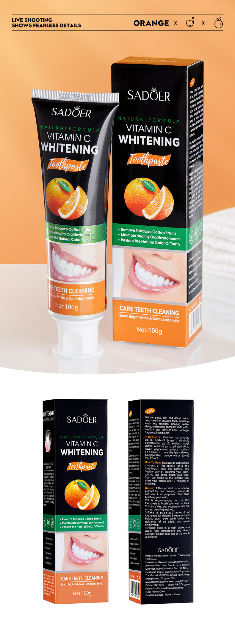 Toothpaste SADOER Vitamin C Coconut Oral Care Gum Protection  Wholesale Live Streaming