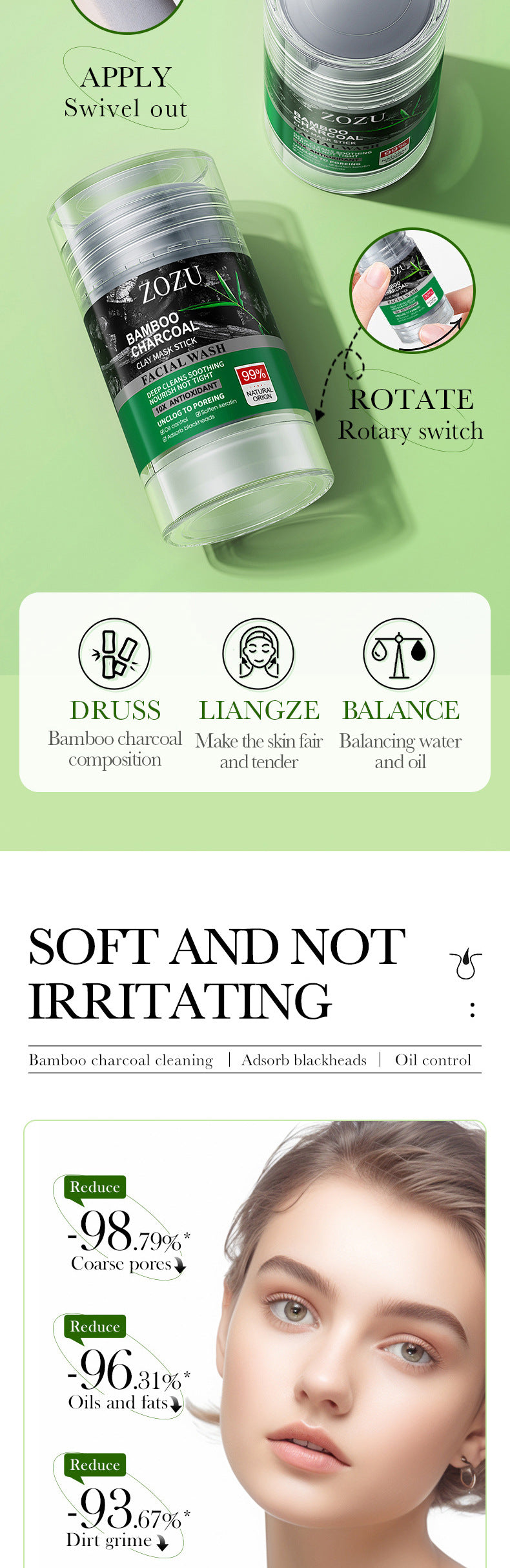 Bamboo Charcoal Solid Mask40g ZOZU Clean pores refreshing portable clay mask stick cross-border wholesale