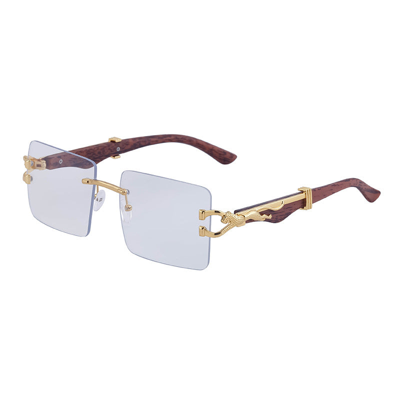 Vintage Rimless Sunglasses for Women with Leopard Wood Grain Temples, Square Frame Sunglasses for Men, Trendy Eyewear shades