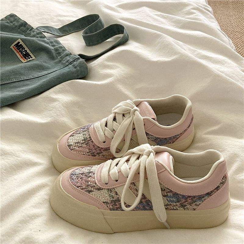 Casual Knitting~Sweet Niche Canvas Shoes for Women, Breathable and Versatile for Spring INS Casual Thick-Soled White Sneakers Trendy