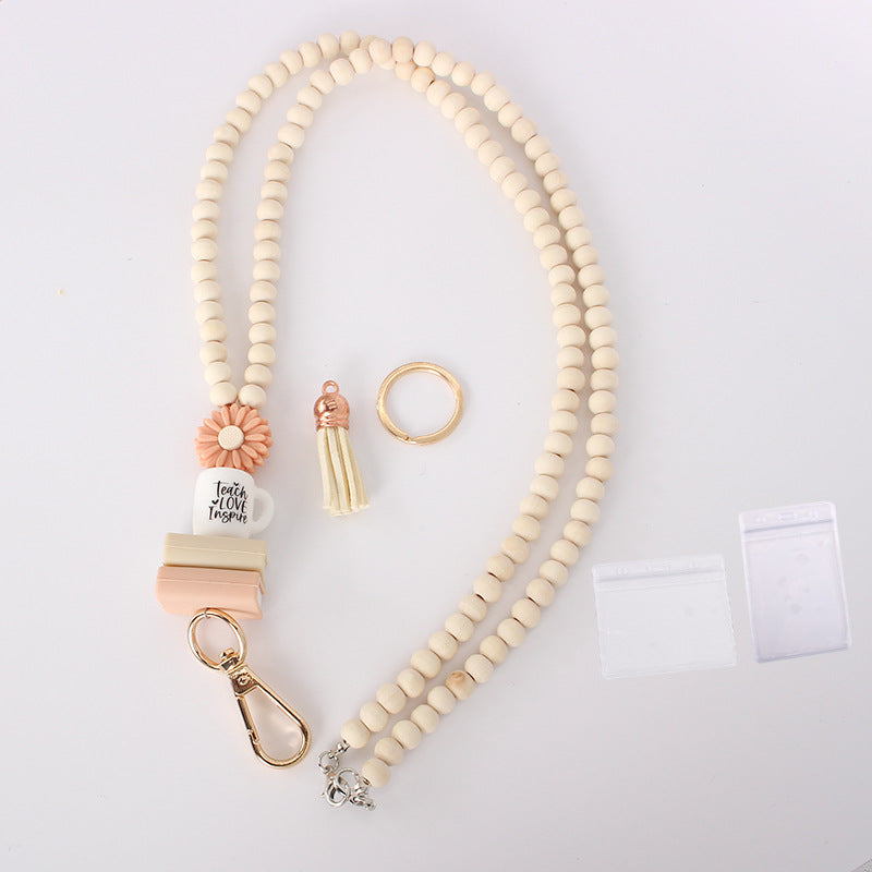 European and American Work ID Lanyard Necklace Silicone Water Bottle Book Pendant Teacher Appreciation ID Wooden Bead Necklace