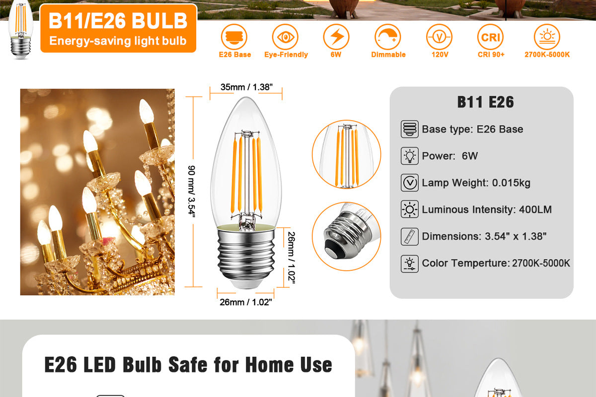B11Glass Bubble LED Incandescent Bulb E26Edison Retro Light Bulb Replacement2W4W6W Incandescent Bulb