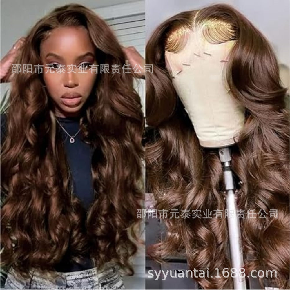 13x4x1Foreign Trade Hot-Selling Wig for European and American Women, Front Lace Wig, Synthetic Chocolate Color, Big Curly Rilley Style