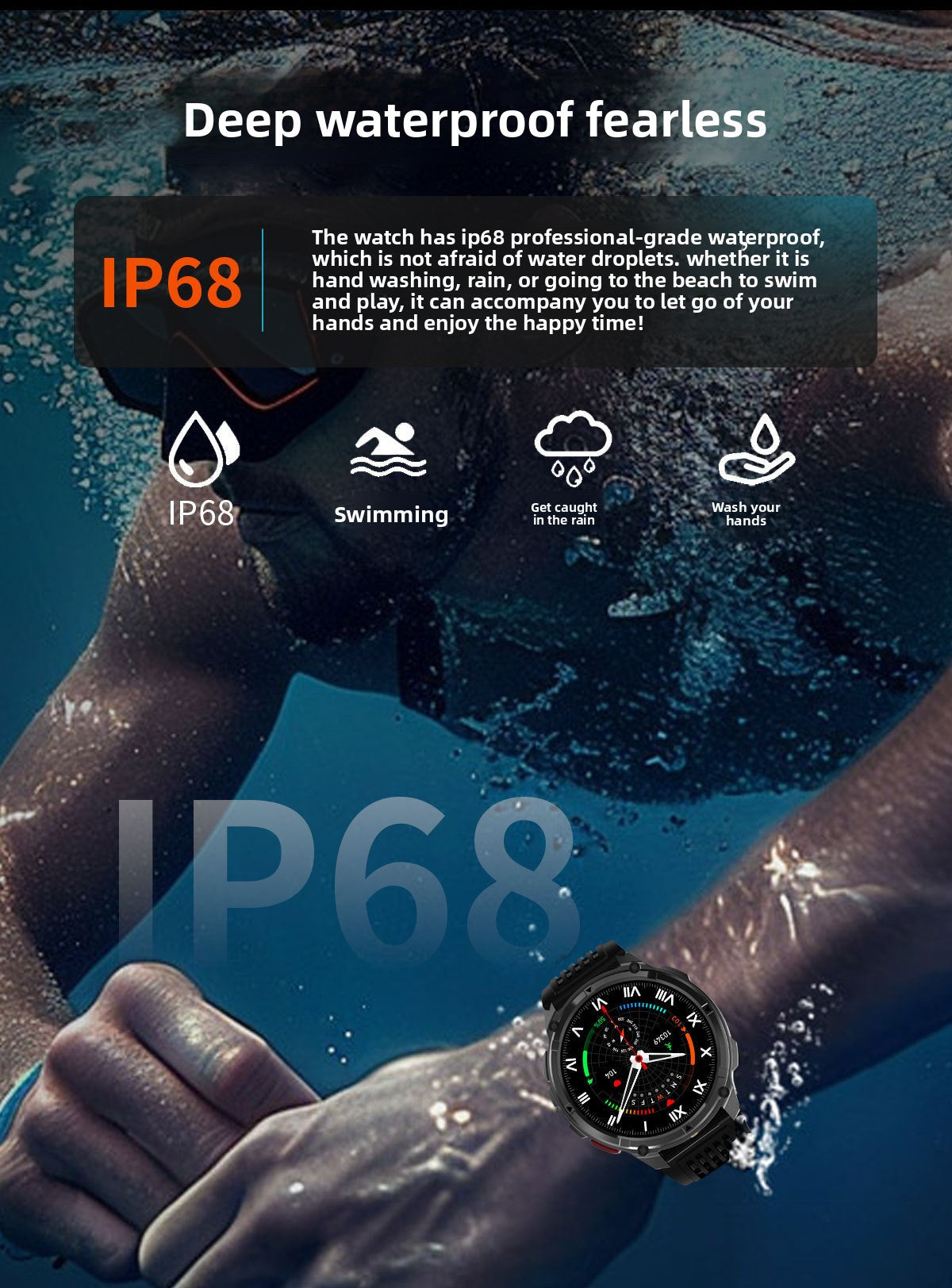 HT33Smart Watch Bluetooth Call True Heart Rate Step Count Sleep Monitoring Compass Deep Waterproof Sports Three-Proof