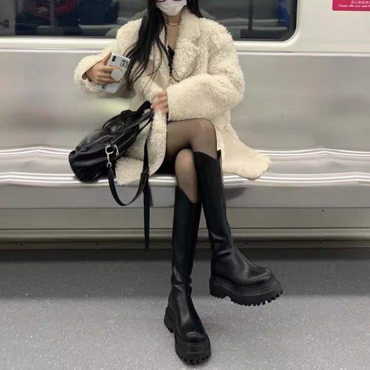 Spicy Girl Knight Long Boots2025New Women's Boots for Autumn and Winter, Thick-Soled Height-Increasing Leather Boots, High-Tube Elastic Slim Boots