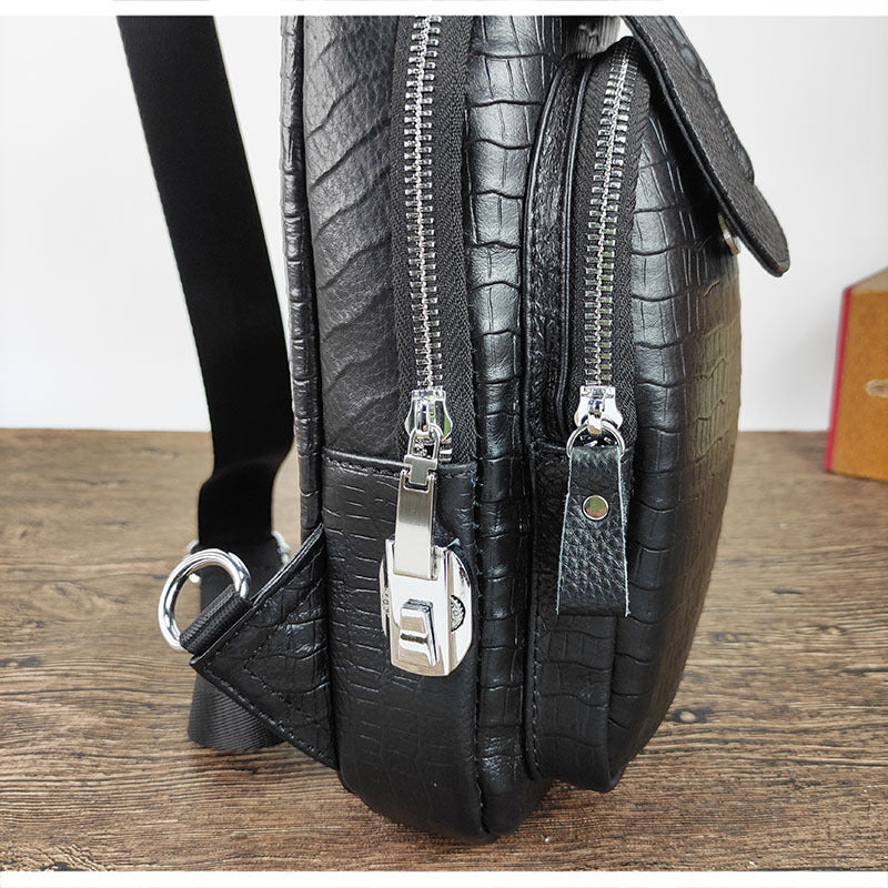 Specialized Password Lock Men's Genuine Leather Chest Bag Crocodile Pattern Top Layer Cowhide Travel Small Shoulder Crossbody Bag Trendy