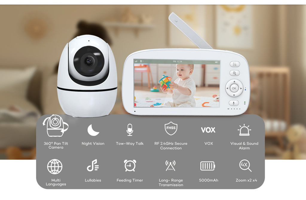 5.0Inch Digital Children's Night Vision Monitor Lullaby Intercom Room Temperature Detection HD Wireless Baby Monitor