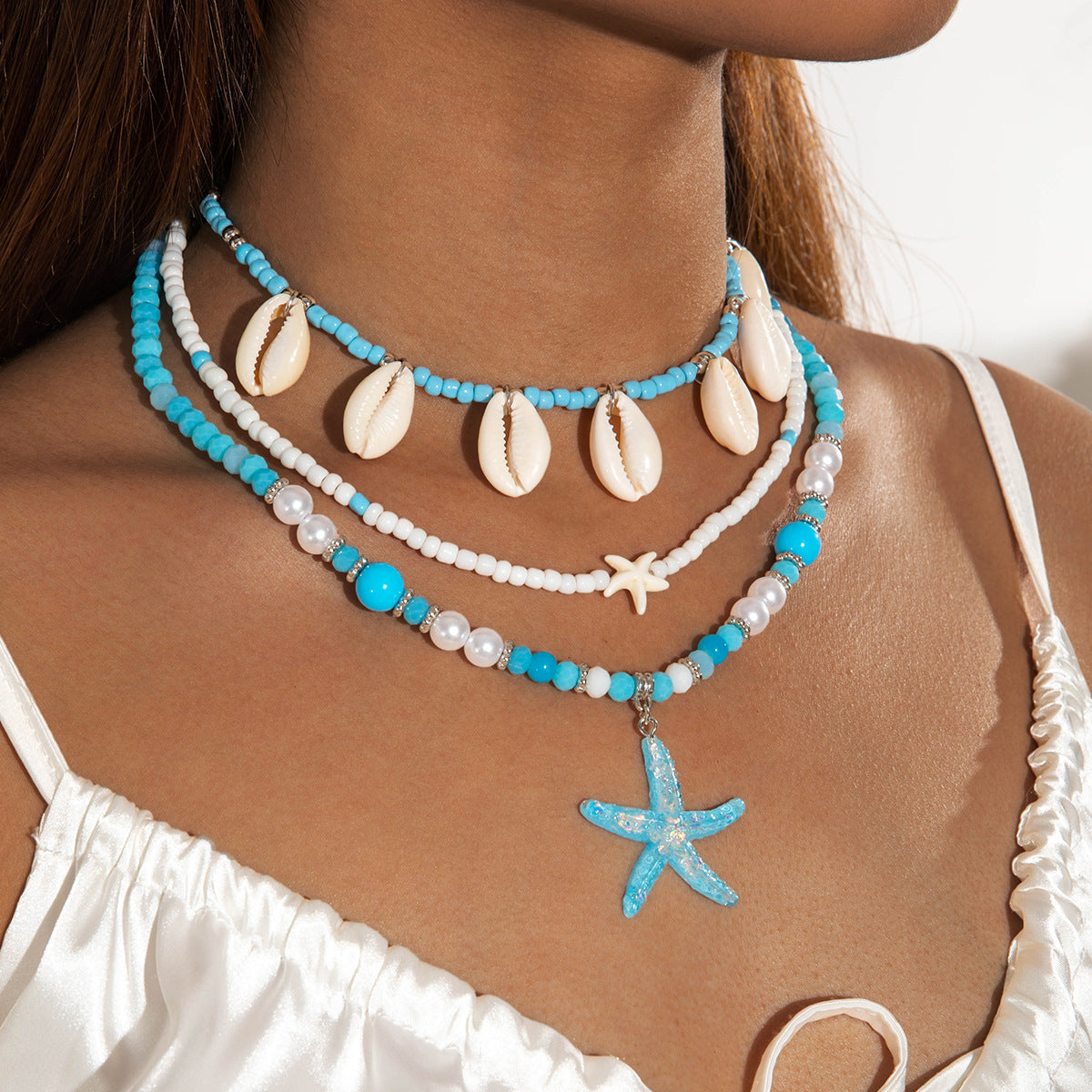 Jewelry Beaded Necklace Beach Imitation Pearl Necklace Starfish Shell Retro Vacation Small Multi-layer Necklace for Women
