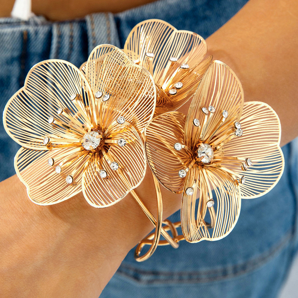 European and American Metal Style Inlaid Diamond Flower Open Bracelet  Fashion Exaggerated High-End Hollow Bracelet Wholesale