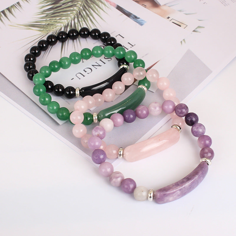 Natural Rose Quartz Beaded Bracelet for Women Fashion Gift Elastic Cord Black Agate White Jade Tiger Eye Stone Bridge Bracelet