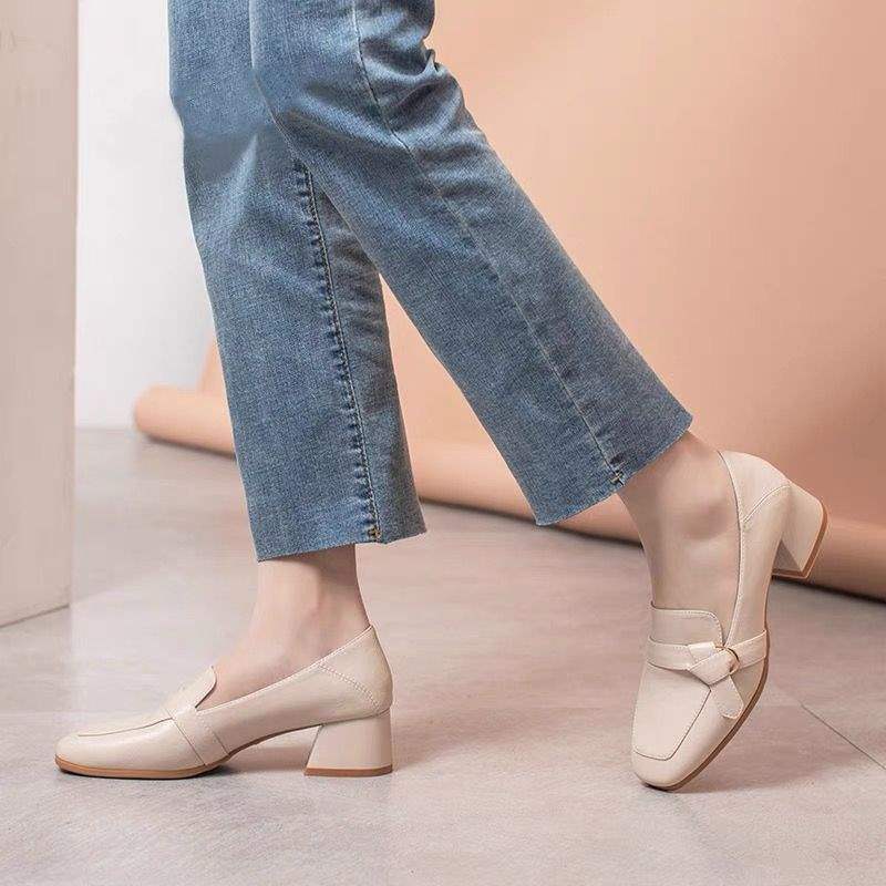 Internet Celebrity Women's Shoes2025Spring New Versatile Square Toe Loafers Chunky Heel Slip-On Two-Way Wear Single Shoes