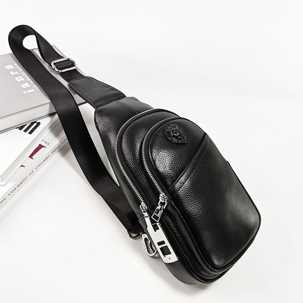 High-End Men's Top Layer Cowhide Multi-Zipper Bag Sports Casual Small Backpack Anti-Theft Genuine Leather Fingerprint Lock Chest Bag