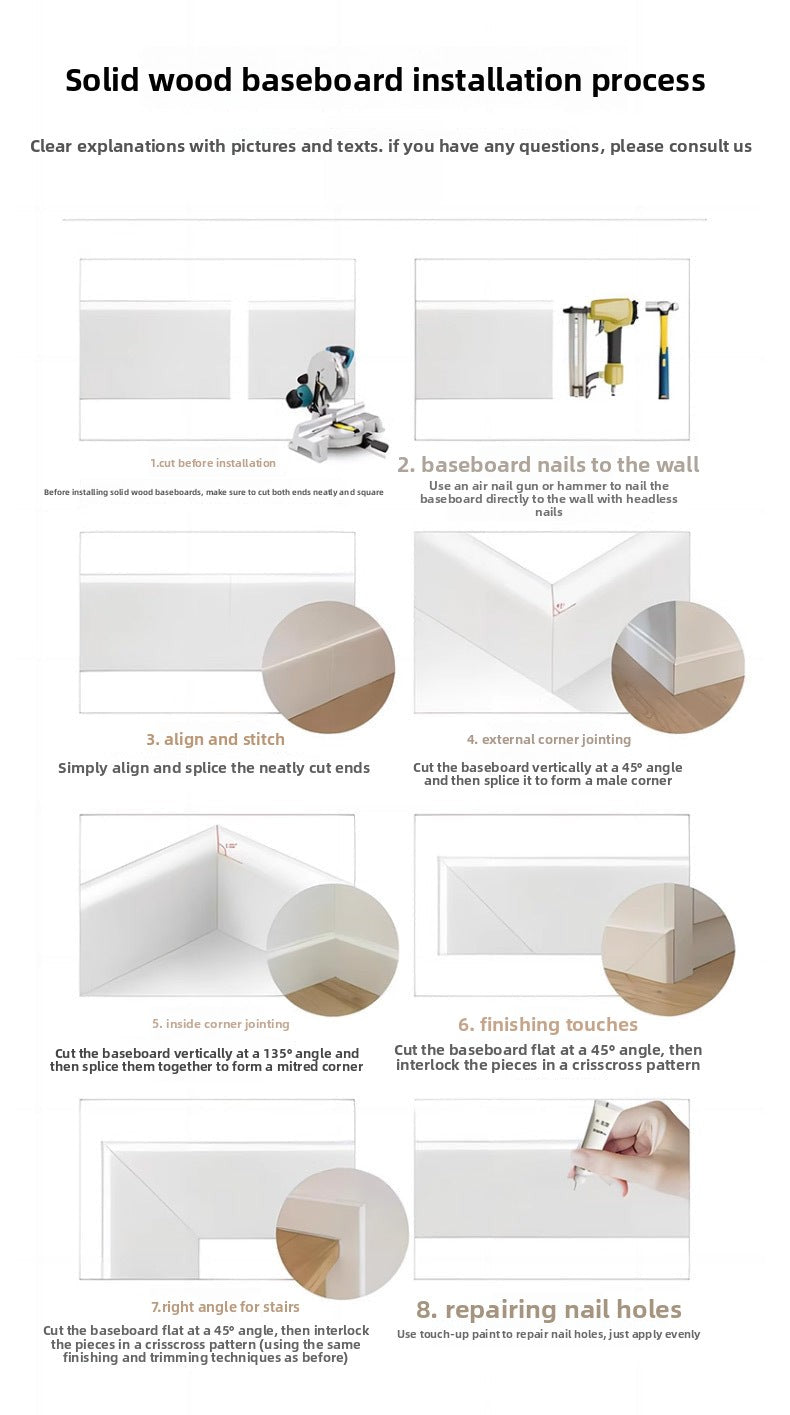 Pure solid wood ultra-narrow skirting board for wooden flooring, minimalist wooden baseboard, white and black painted decorative trim