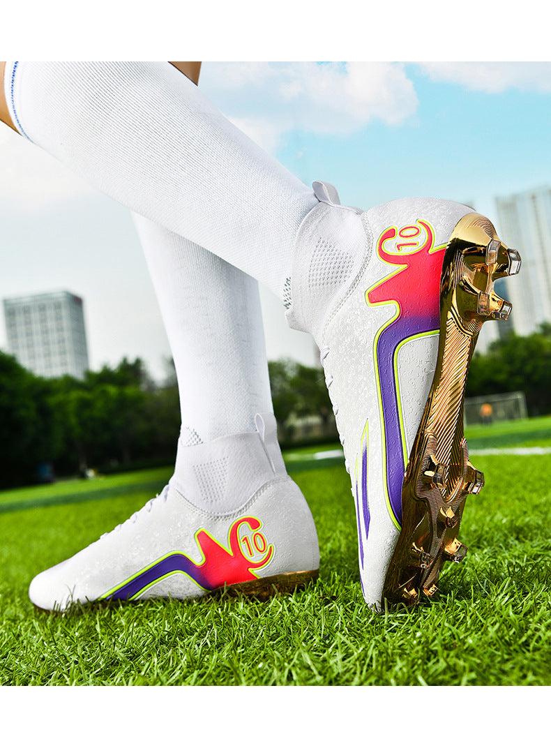 Gold-Plated Sole Men's Football Shoes with Studded Spikes AG Long Spike Shoes for Older Children, Middle and High School Students, Adults, Competition Training Sports Shoes