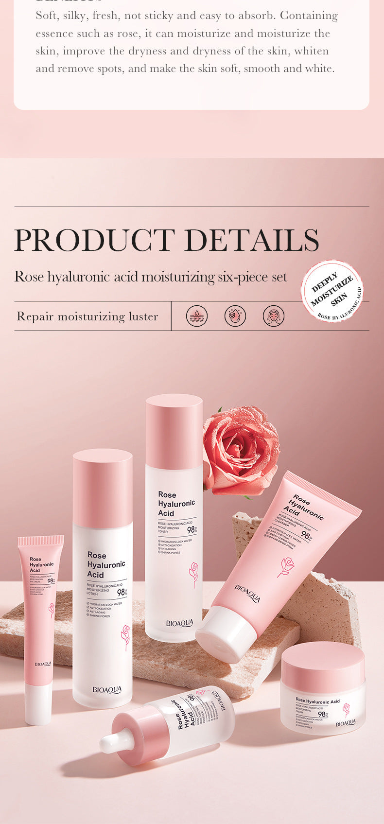 BIOAOUA Rose Hyaluronic Acid Moisturizing Six-piece Set Hydrating skin care product set  wholesale