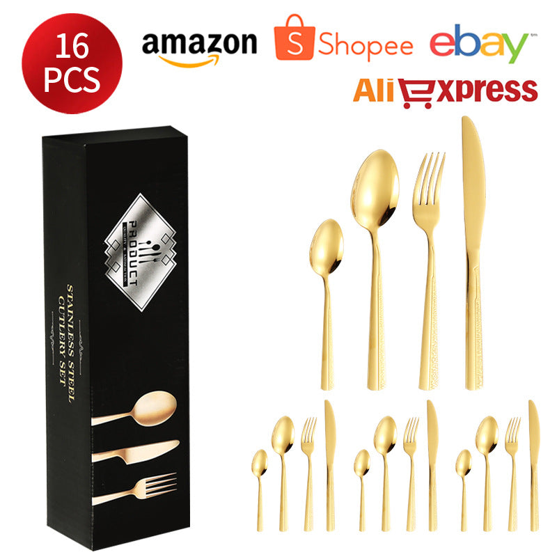 410Stainless Steel Tableware Hotel Restaurant Sand Texture Knife Fork Spoon Tea Spoon24Set of gold Western Steak Knives and Forks