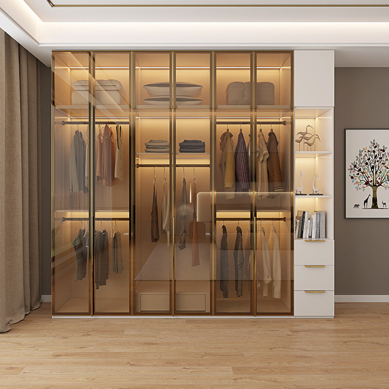 Glass Door Wardrobe with Lights, Solid Wood, Home Bedroom, Modern Simple European Pine Board, Cream Color, Skin Feel Storage, Large Wardrobe
