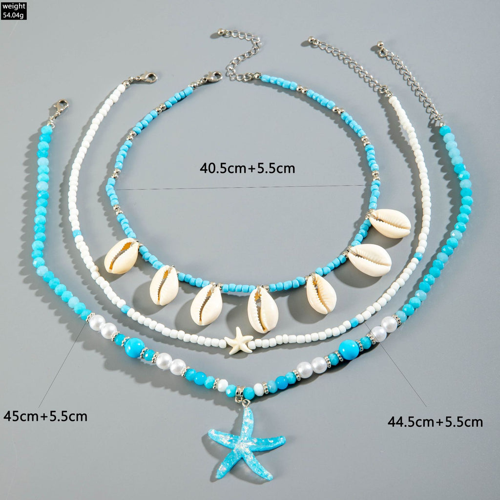 Jewelry Beaded Necklace Beach Imitation Pearl Necklace Starfish Shell Retro Vacation Small Multi-layer Necklace for Women