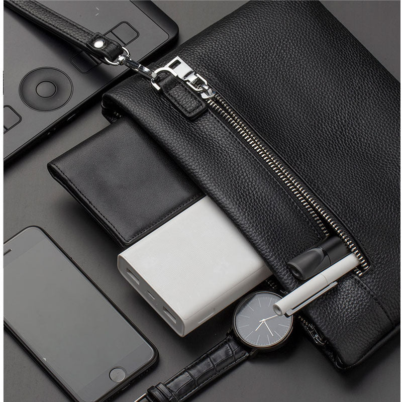 Business Commuting Genuine Leather Clutch Bag for Men, Casual Large Capacity Top Layer Cowhide Men's Handheld Wallet Phone Bag