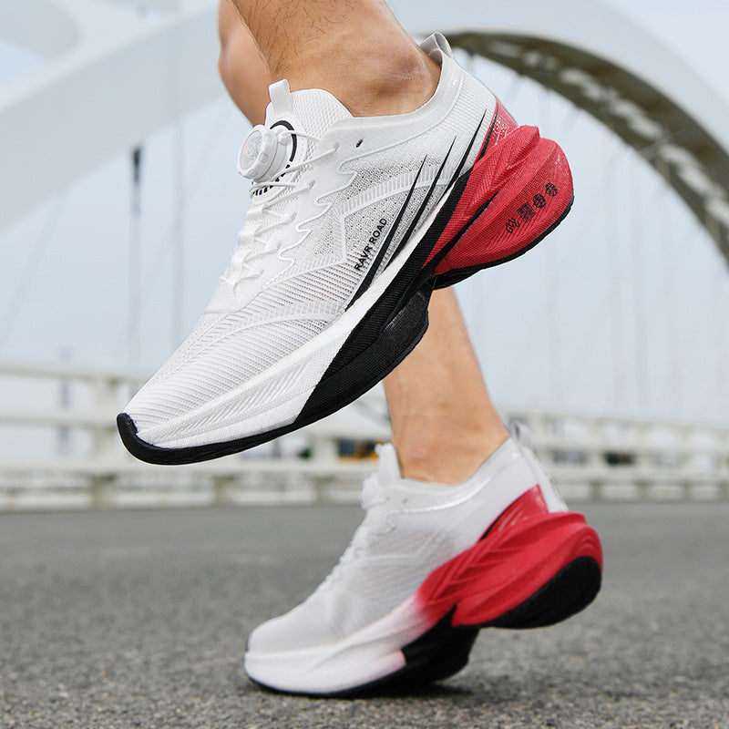 Summer New Hollow Breathable Rotating Buckle Racing Running Shoes Full Palm Carbon Plate Thick Sole Cushioning Sports Shoes