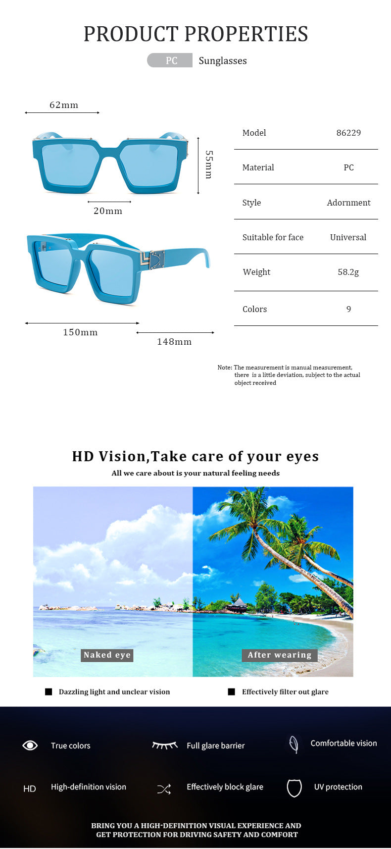 millionaire Large Square Frame Sunglasses for Women, Internet Celebrity Style, 0k Rich Driving Sun Protection Sunglasses for Men86229